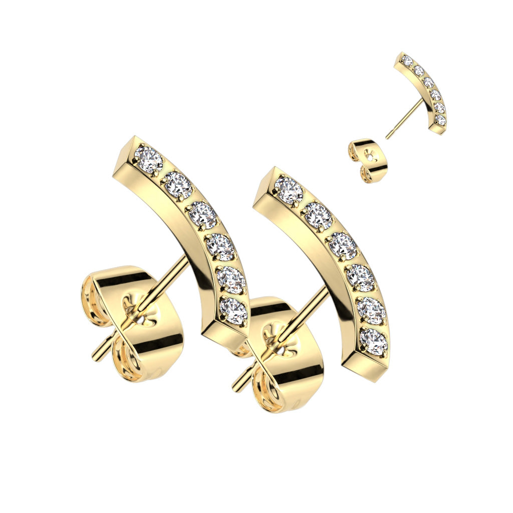 Pair of 316L Surgical Steel Gold PVD Curved White CZ Gem Earring Studs