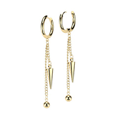 Pair of 316L Surgical Steel Gold PVD Ball And Spike Chain Dangle Hoop Earrings