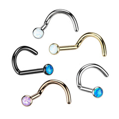 Implant Grade Titanium Corkscrew Nose Ring Stud with White Opal Gem
