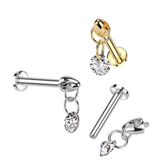 Implant Grade Titanium Gold PVD Internally Threaded White CZ Dangle Flat Back Labret