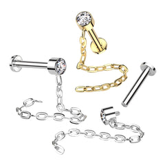 Implant Grade Titanium White CZ Gem With Long Chain Dangle Flat Back Labret