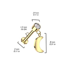 Implant Grade Titanium White CZ Crescent Moon Dangle Flat Back Labret