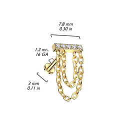 Implant Grade Titanium Gold PVD White CZ Studded Bar Chain Dangle Flat Back Labret