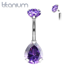 Implant Grade Titanium Internally Threaded Pear Teardrop Purple CZ Belly Ring