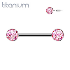 Implant Grade Titanium Nipple Barbell With Internally Threaded Pink CZ Gems