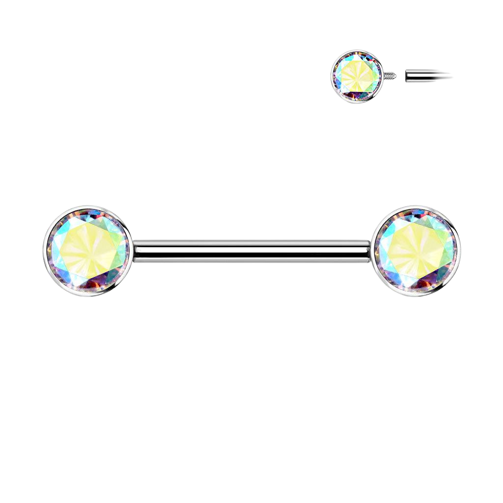 Implant Grade Titanium Nipple Barbell With Internally Threaded Aurora Borealis CZ Gems