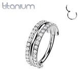 Implant Grade Titanium White CZ Double Line Plain Center Hinged Clicker Hoop