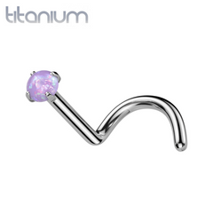 Implant Grade Titanium Corkscrew Nose Ring Purple Opal Stud With Prongs