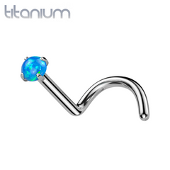 Implant Grade Titanium Corkscrew Nose Ring Blue Opal Stud With Prongs