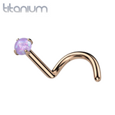 Implant Grade Titanium Rose Gold PVD Corkscrew Purple Opal Nose Ring Stud