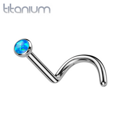 Implant Grade Titanium Corkscrew Nose Ring Stud with Blue Opal Gem