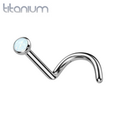 Implant Grade Titanium Corkscrew Nose Ring Stud with White Opal Gem