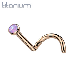 Implant Grade Titanium Rose Gold PVD Corkscrew Nose Ring with Purple Opal