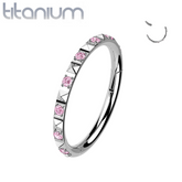 Implant Grade Titanium Ridged With Pink CZ Gems Hinged Hoop Clicker Ring