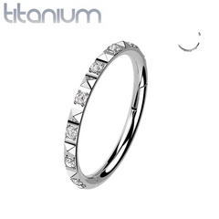 Implant Grade Titanium Ridged With White CZ Gems Hinged Hoop Clicker Ring