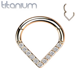 Implant Grade Titanium Rose Gold PVD V Shaped Septum Ring Clicker Hoop White CZ Gems