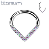 Implant Grade Titanium V Shaped Septum Ring Clicker Hoop Aurora Borealis CZ Gems