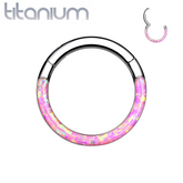Implant Grade Titanium Pink Opal Inlay Septum Daith Clicker Hinged Hoop Ring