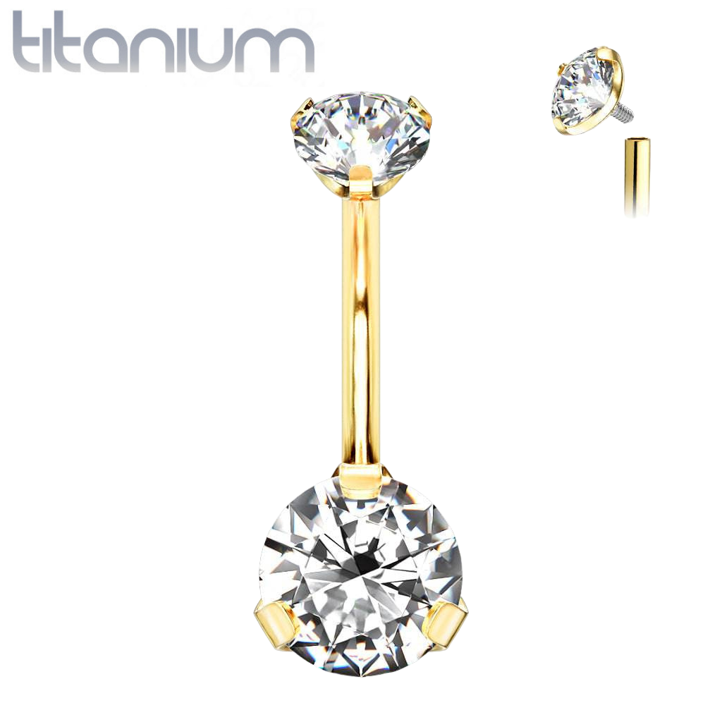 Implant Grade Titanium Internally Threaded Gold PVD White CZ Prong Belly Button Navel Ring