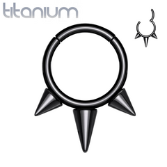 Implant Grade Titanium Black PVD Spike Hinged Septum Ring Hoop Clicker