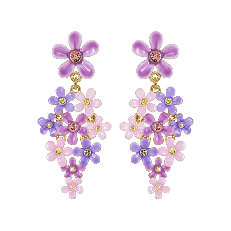 18K Purple Pink Small Flower French Enamel Earrings-Dangle Style