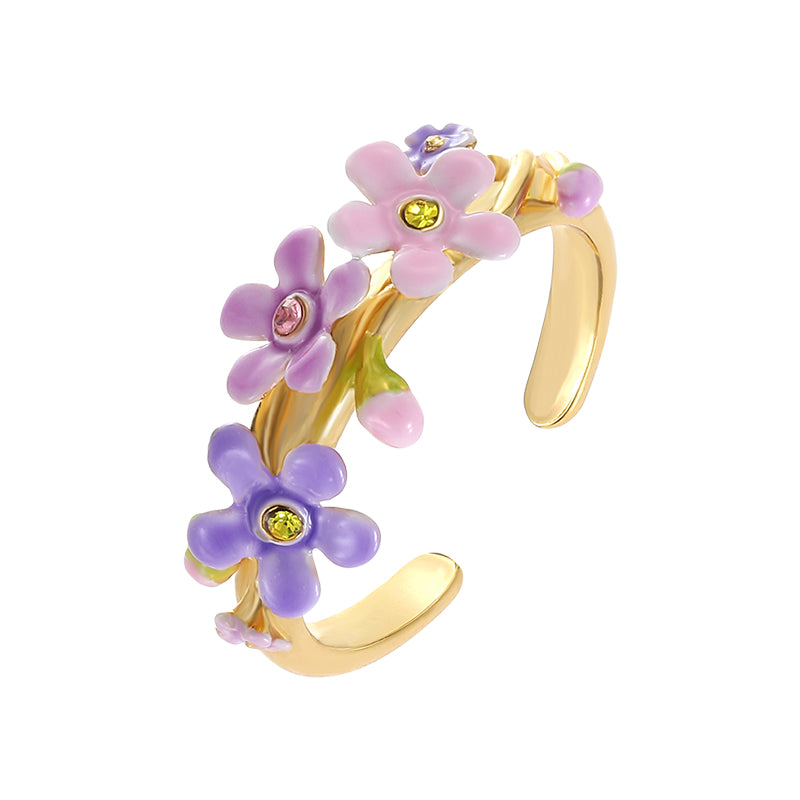 18K Pink Purple Color Small Flower French Enamel Ring