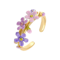 18K Pink Purple Color Small Flower French Enamel Ring