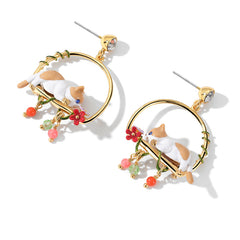 18K Floral Couture Cute Cat Enamel Round Earrings