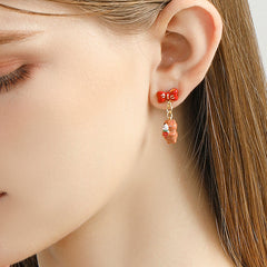 18K Sweet Simple Strawberry Cute Bear Enamel Earrings
