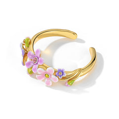 18K Pink Purple Color Small Flower Enamel Ring