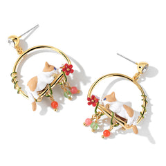 18K Floral Couture Cute Cat Enamel Round Earrings