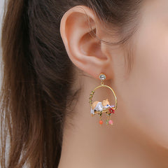 18K Floral Couture Cute Cat Enamel Round Earrings