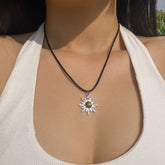 Antique Turquoise Stone Inlaid Sun Pendant Leather String Necklace