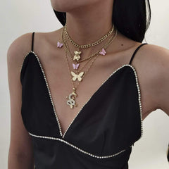 Bohemia 4 Pieces Gold Plated Bear And Dragon Pendant Butterfly Charm Choker Necklace Set