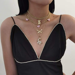 Bohemia 4 Pieces Gold Plated Bear And Dragon Pendant Butterfly Charm Choker Necklace Set