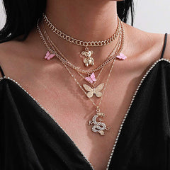 Bohemia 4 Pieces Gold Plated Bear And Dragon Pendant Butterfly Charm Choker Necklace Set