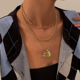 Bohemia Layered Colorful Bear Pendant Cable Curb Chain Choker Necklace Set