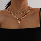 Bohemia Layered Gold Silver Tone Lock and Butterfly Charm Pendant Choker Necklace Set