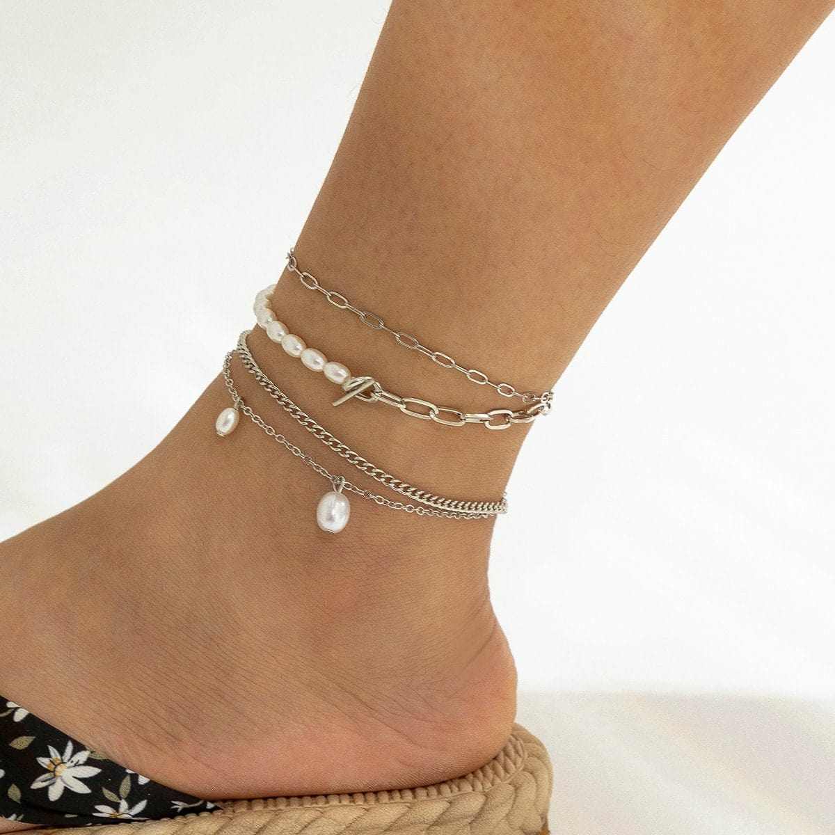 Bohemia Toggle Clasp Pearl Charm Paperclip Curb Cable Chain Anklet Set