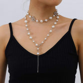 Bohemian Layered Heart Charm Beaded Pearl Long Chain Y Necklace