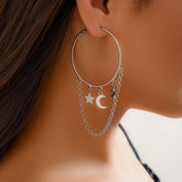 Bohemian Moon Star Chain Tassel Chunky Hoop Earrings