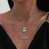 Boho 3 Pieces Bear Hollow English Pin Pendant Choker Necklace Set