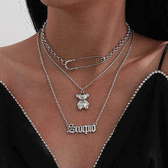 Boho 3 Pieces Bear Hollow English Pin Pendant Choker Necklace Set