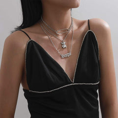 Boho 3 Pieces Bear Hollow English Pin Pendant Choker Necklace Set