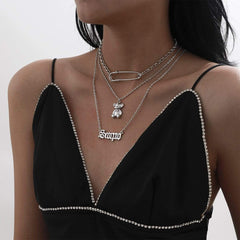 Boho 3 Pieces Bear Hollow English Pin Pendant Choker Necklace Set
