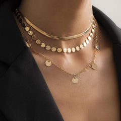 Boho 3 Pieces Gold Silver Tone Herringbone & Sequins Chain Choker Necklace Set