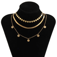 Boho 3 Pieces Gold Silver Tone Herringbone & Sequins Chain Choker Necklace Set