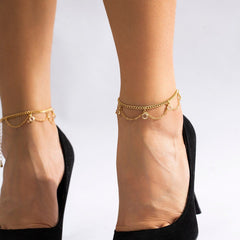 Boho Gold Silver Tone Crystal Inlaid Wave Tassel Anklet