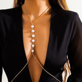 Boho Gold Silver Tone Pearl Charm Bikini Crossover Chest Body Chain