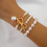 Boho Heart Shaped Toggle Clasp Stackable Pearl Chain Bracelet Set